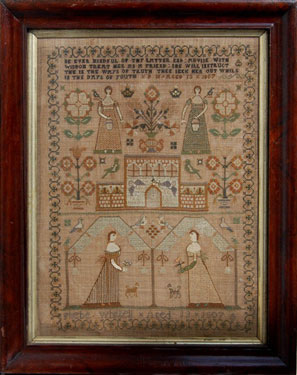 A framed sampler signed Phebe Whittell,1807. Elaborate design, poetic verse, building, flowers, birds, dogs, four young ladies in period dress.