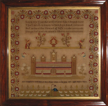 A framed sampler signed Ann Campenot, aged 11, Berry Brow School, Huddersfield, West Yorkshire 1857. Moral verse above Temple of Solomon and shepherd with dogs and sheep; with floral border (roses?).