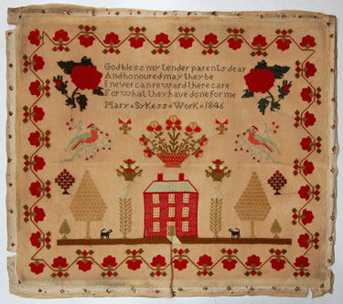 An unframed sampler signed Mary Sykes 1846. Religious text in upper centre above a three storey house surrounded by flowers, with trees, dogs and birds; with a floral border.