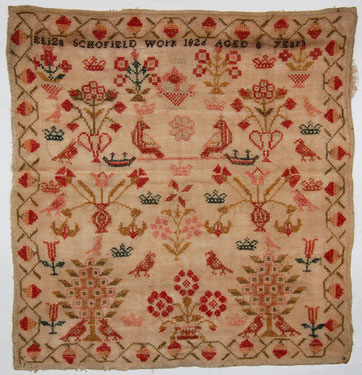 An unframed sampler signed Eliza Schofield, aged 8, dated 1826. No text other than the signature and date; with birds, flowers and trees surrounded by a floral border.