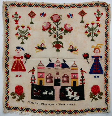 An unframed sampler signed Amelia Thornton, 1852; in cross stitch with flowers, a house, dogs, birds and two female figures, with a floral border.