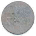 View: ka00001 A bronze halfpenny coin which has been polished on both sides in order to produce a love token; on one side is the name Anne Harvy with the date 1713, on the other a faint floral design.