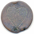 View: ka00002 A bronze halfpenny coin of William III which has been polished on one side in order to produce a love token; on one side is the name R. Bly with the date 1752, on the other the original coin, much worn.