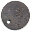 View: ka00003 A bronze halfpenny coin which has been polished on both sides in order to produce a memento; on one side is the name John Fulker, 1770, on the other 'Born Febry, 1757'.