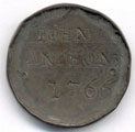 View: ka00005 A bronze halfpenny coin which has been polished on both sides in order to produce a memento, the edge has also been raised; on one side is the name John Anthony, 1766, the other side is blank.