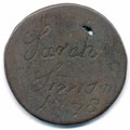View: ka00008 A bronze halfpenny coin which has been polished on both sides in order to produce a simple love token; on one side is the name Sarah Simson with the date 1778, on the other side has the same name with a largely indecipherable date.