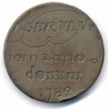 View: ka00010 A bronze Anglesey 'Druid' Conder penny, produced by the Parys Mine Company circa 1787, which has been polished on one side in order to produce a memento; on the reverse is engraved 'I. Servant born anno domini 1782'; the obverse retains the image of the hooded druid surrounded by oak twigs on the original token.