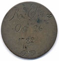 View: ka00011 A bronze halfpenny coin which has been polished on both sides in order to produce a memento / love token; on one side is the name R. Ellis with the date Oct 26th 1782 (which was a Saturday), the other side is blank.