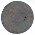 View: ka00018 A bronze George III halfpenny coin which has been polished on both sides in order to produce a love token; on one side are punched the words '1838, June 26, C Brown . . . . . '; on the other side it says ' will come out of prison Dec 17'.