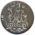 View: ka00021 A bronze halfpenny coin which has been polished on both sides in order to produce a love token; on one side is engraved a three-masted warship in full sail, with the initials M D above - the design has been emphasised by the application of a white substance; on the other side is a cypher of the initials M D, above the date 1774.
