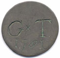 View: ka00022 A bronze halfpenny coin which has been polished on both sides in order to produce a love token; on one side is engraved G x T above the date 1781; on the other side the frequently encountered verse 'When this you see remember me'; the quality of engraving is rather poor.