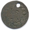 View: ka00023 A bronze halfpenny coin which has been polished on both sides in order to produce a love token; on one side is engraved - within a ring of stamped circles - IS above the date 1794; on the other side is a half-finished version of roughly the same design, though here the date appears to be 1795; a hole has been punched towards the edge of the coin; the quality of engraving is poor.