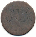 View: ka00028 A bronze halfpenny coin which has been polished on both sides in order to produce a love token; on one side the name James Dixon has been engraved, on the other side MELDON and VE.