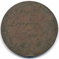 View: ka00030 A bronze George III penny coin which has been polished on both sides in order to produce a love token; on one side the name Danial Leveridge 19 has been engraved above a heart pierced by two arrows; the other side has a worn image of George III with some random scratches. If the name Danial Leveridge is accepted with this unusual spelling of the forename, the UK Census for 1841 has a solitary entry: - aged around 40 years and resident at St Mary Newington, Surrey.