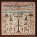 View: ksp00005 A framed sampler signed Emma Turner, aged 9, 1843. Central design of Adam and Eve, Tree of Knowledge, birds, animals, alphabet and numbers. 