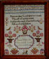 View: ksp00007 A framed sampler signed Venus Webster, 1831. Alphabet and numbers, religeous text, flowers birds, 2 houses. 