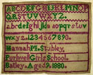 View: ksp00009 An unframed sampler signed Hannah M. Stubley of Purlwell Girls' School, Batley, 1880. A small cross-stitch sampler featuring the alphabet and single numbers in green and pink on coarse backing.