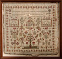 View: ksp00014 A framed sampler signed Mary Richardson 1830. Elaborately decorated including, religious text, Adam and Eve, Tree of Life, cherubs, birds, flowers, tree, floral border.