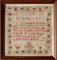 View: ksp00015 A framed sampler signed Frances Torton at the orphanage in Ledsham, North Yorkshire in 1825. Alphabet above a bowl of flowers, with a floral border. The orphanage at Ledsham was erected on the instruction of Lady Betty Hastings in the 18th century.