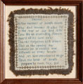 View: ksp00023 A framed sampler in memory of Joseph Mann who died in 1841. Religious text, border detail and tassled edging.
