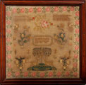 View: ksp00026 A framed sampler signed Ann Hebden 1837. Intricate design, text, central design of tree and two stags, flowers, birds and floral border.