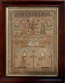 View: ksp00036 A framed sampler signed Phebe Whittell,1807. Elaborate design, poetic verse, building, flowers, birds, dogs, four young ladies in period dress.