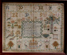 View: ksp00040 A framed sampler signed Hannah Armitage. Elaborate design, alphabet and numbers, religious text, birds, flowers, buildings, dogs Adam and Eve, Tree of life, serpent and cherubs. 