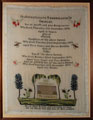 View: ksp00050 A framed sampler created in remembrance of four of the children of Joseph and Ann Hargreaves. Angels, birds above a fenced tomb surrounded by trees; with religious text