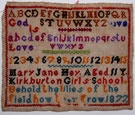 View: ksp00059 An unframed needlework sampler, signed Mary Jane Hey, aged 11, 1877;  Kirkburton Girl's School, Huddersfield, West Yorkshire; alphabet, numbers and religious text.