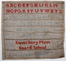 View: ksp00067 An unframed sampler made by Betsy Hutton aged 11 at Dewsbury Board School, West Yorkshire, September 1880; with alphabet and numbers.