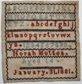 View: ksp00069 An unframed sampler signed Norah Hutton aged 14, January 31 1881. Alphabet and numbers