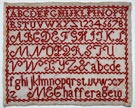 View: ksp00072 An unframed sampler signed M.E. Chaffer, aged 10; with alphabet and numbers in monochrome red.