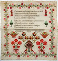 View: ksp00074 An unframed sampler signed Miss Sarah Jane Pogson from 1840 to 1870. Featuring birds, flowers, baskets, trees and moral verse.
