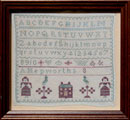 View: ksp00078 A framed sampler signed A. Hepworth, aged 8. Alphabet, numbers and along the bottom two girls, two birds in bushes, either side of a house.