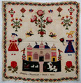 View: ksp00079 An unframed sampler signed Amelia Thornton, 1852; in cross stitch with flowers, a house, dogs, birds and two female figures, with a floral border.