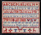 View: ksp00086 A framed sampler signed by Rosella Ridsdale 1880. Alphabet, numbers, hearts and cups.
