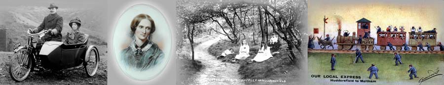 Photo Montage of Motorcycle and sidecar, Charlotte Bronte, Children in Mill Wood, Shepley, "Our Local Express"